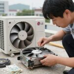에어컨 실외기 팬 모터 교체비용 셀프 수리 후기 LG 에어컨 실외기 팬 모터 교체 작업 사진. 커버를 분리하고 기존 모터를 탈거하는 모습