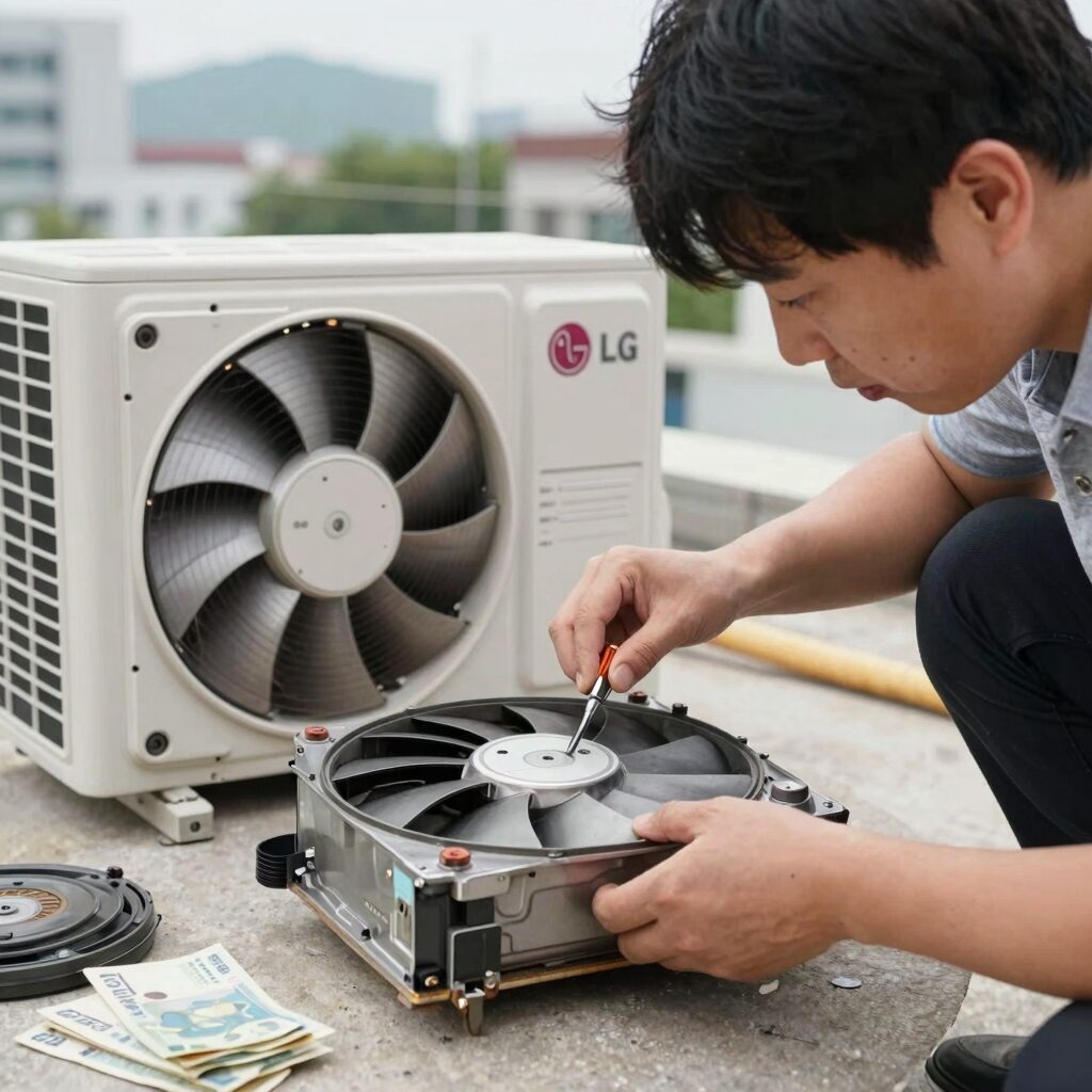 LG 에어컨 실외기 팬 모터 교체 작업 사진. 커버를 분리하고 기존 모터를 탈거하는 모습