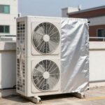 실외기 바람막이 셀프 설치 완벽 해결 알루미늄 재질의 실외기 바람막이가 실외기 전면에 4개의 피스로 고정된 모습, 열기가 위쪽으로 배출되는 구조