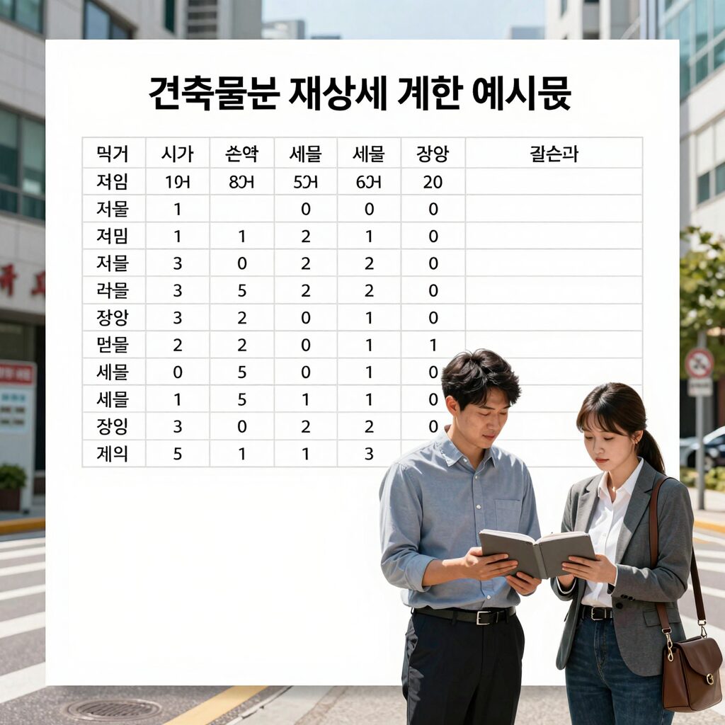 건축물분 재산세 계산 예시 표, 시가표준액과 세율 적용 과정