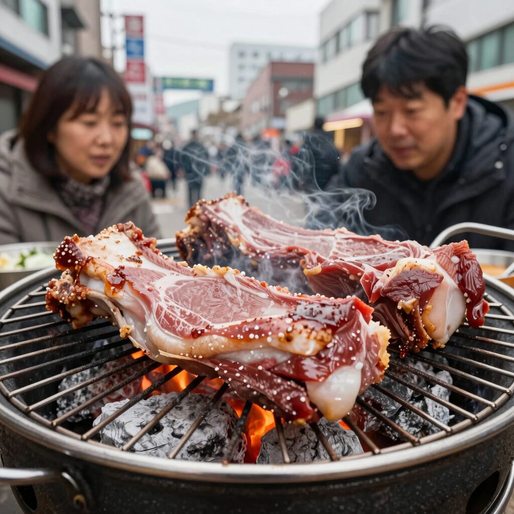 풍전 삼계탕 민물장어의 숯불에 구워지는 국내산 돼지갈비 모습