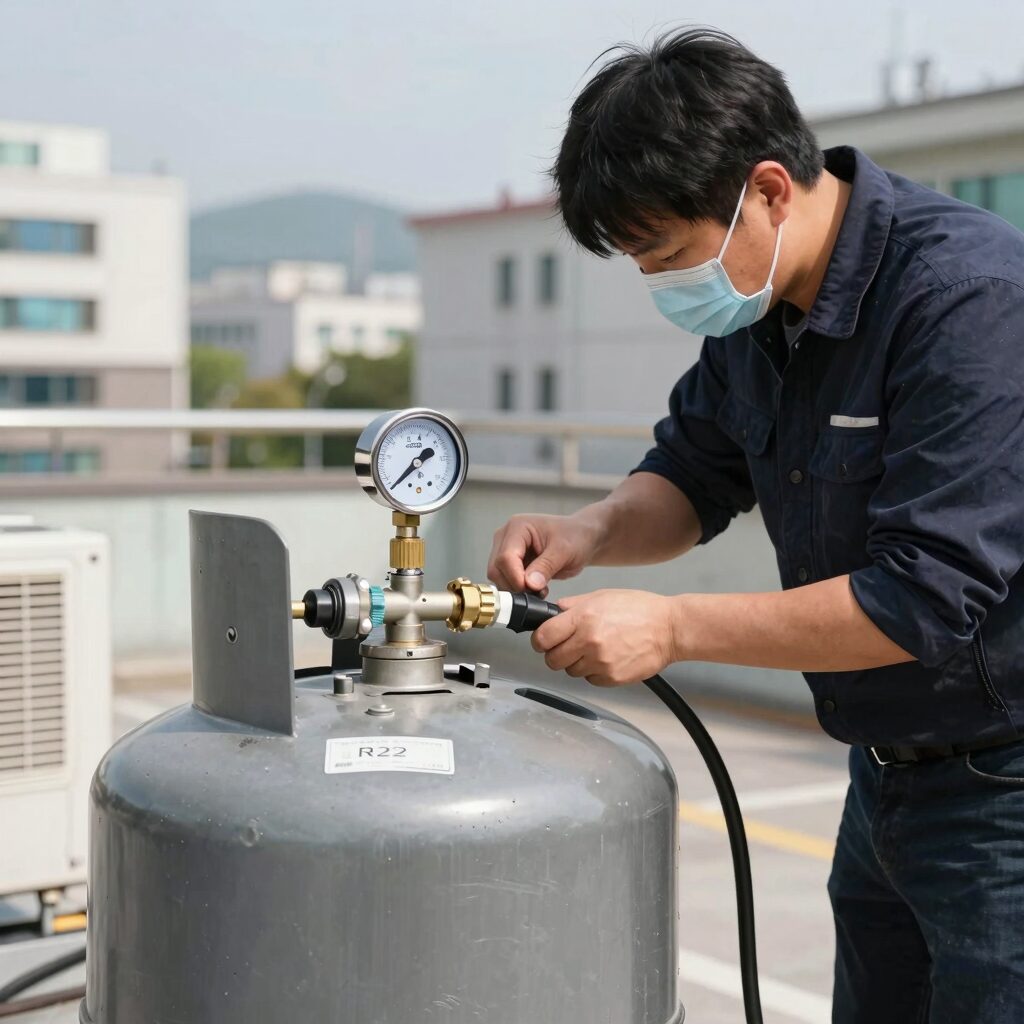 R22 냉매 가스통과 게이지가 연결된 모습, 에어컨 냉매 충전 작업