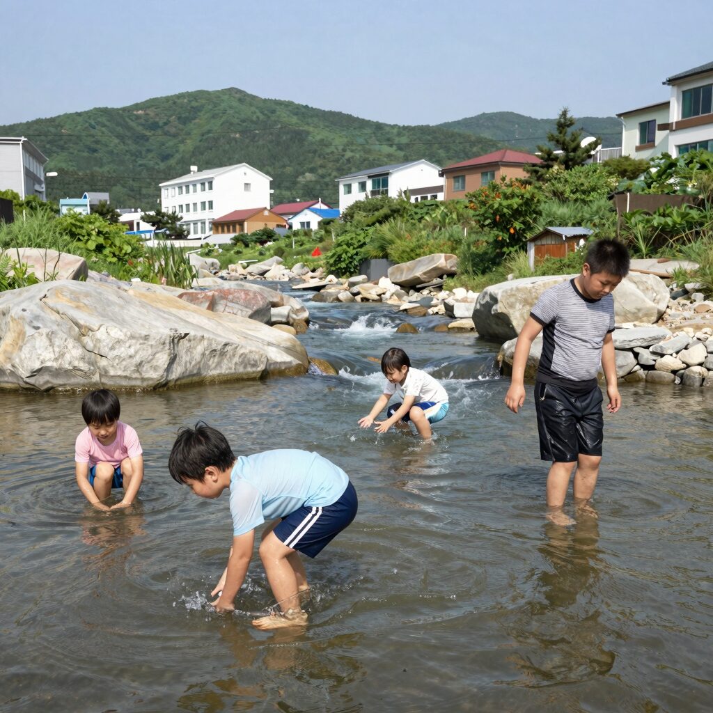양평 세월산장의 계곡물 미니 수영장, 아이들이 물장구치며 노는 모습