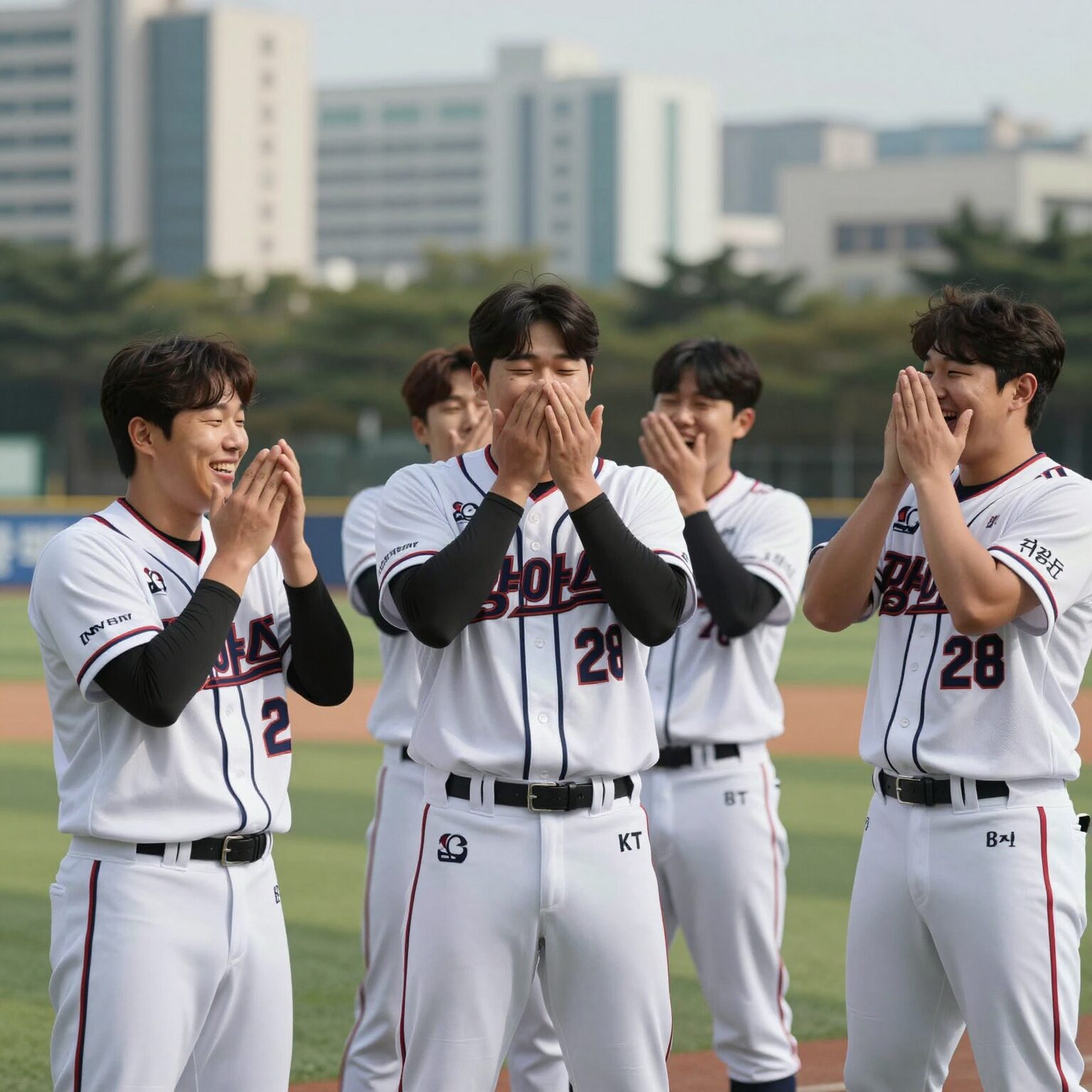 삼성 라이온즈가 KT 위즈와의 경기에서 역전승을 거두며 2위 탈환을 확정하는 순간, 기뻐하는 선수들의 모습