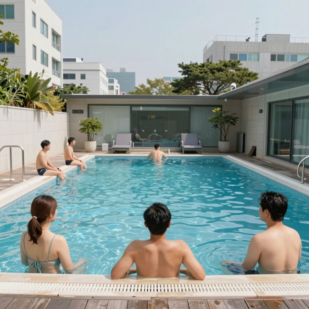 담가온수풀엔스파의 미온수 수영장과 노천스파 전경