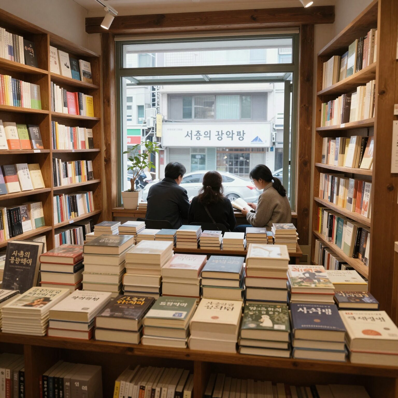 서촌의 작은 책방 내부 모습으로, 따뜻한 조명 아래 책들이 진열되어 있고 창가에 독서 공간이 마련되어 있다