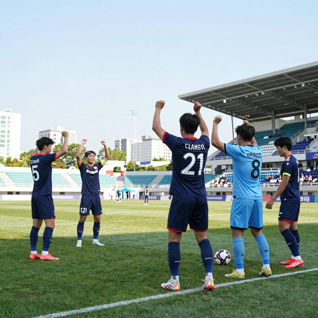 FC서울과 부천FC의 경기 장면, 서울 선수들이 코너킥 후 득점을庆祝하는 순간
