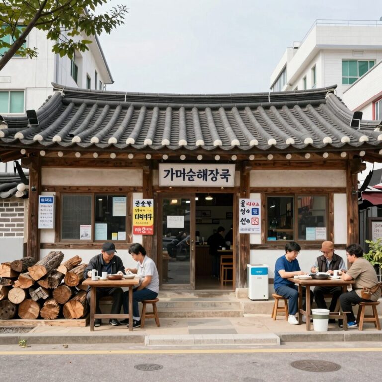 대전 대덕구 신일동 가마솥해장국 식당 앞 모습과 참나무 장작
