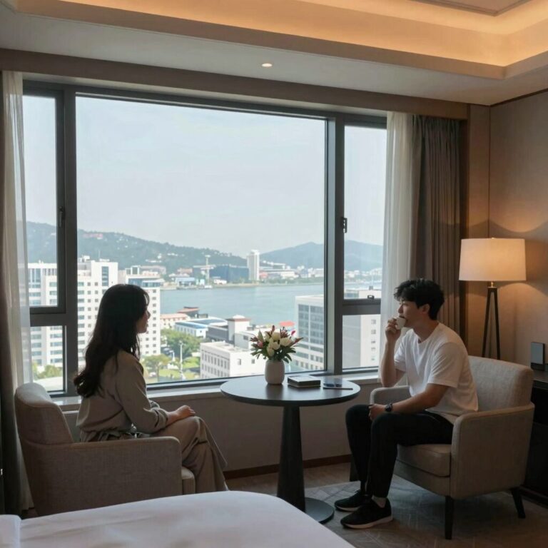 쏠비치 남해 디럭스 스위트 오션뷰 객실 내부 풍경 바다가 보이는 창문과 모던한 인테리어