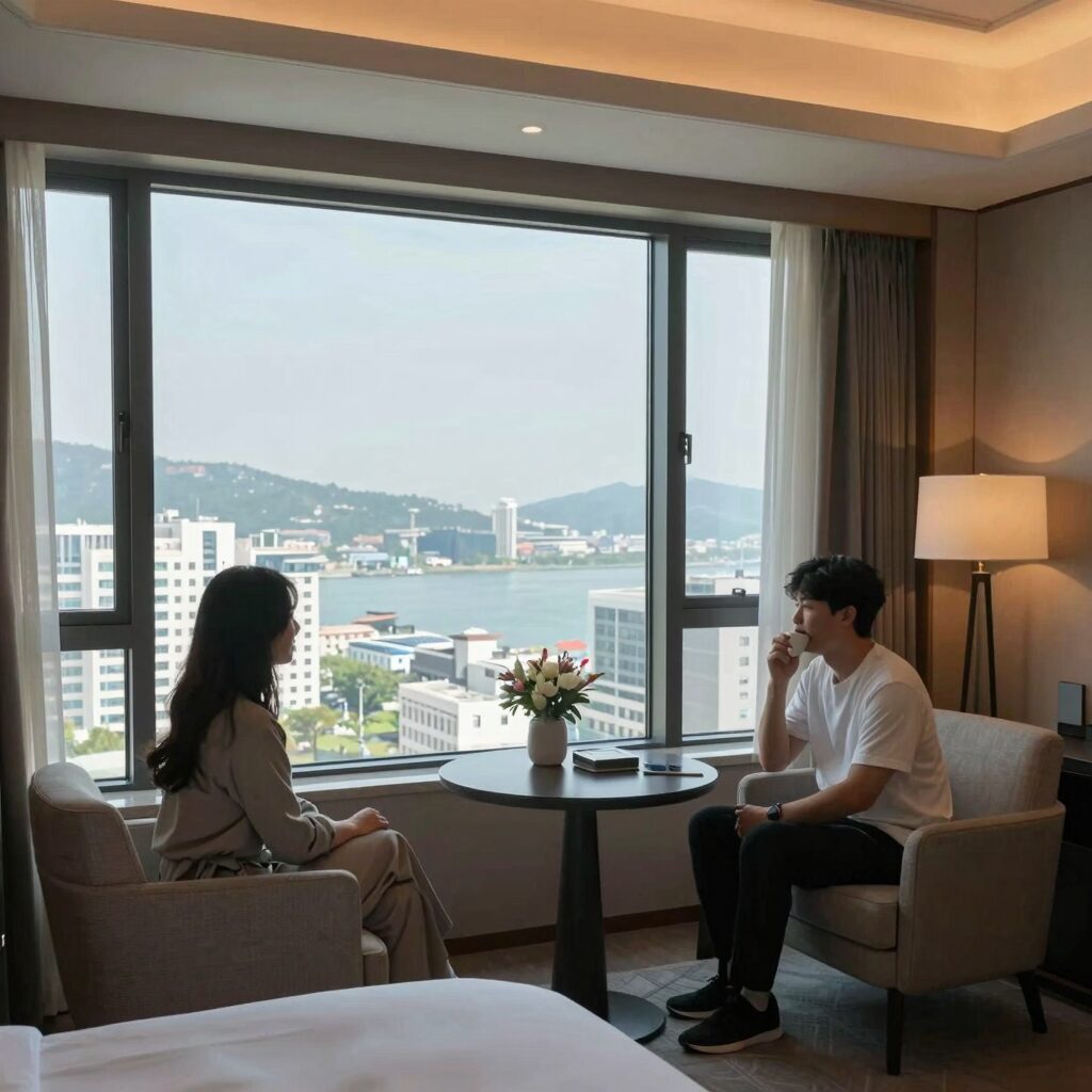 쏠비치 남해 디럭스 스위트 오션뷰 객실 내부 풍경 바다가 보이는 창문과 모던한 인테리어