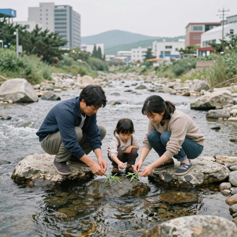 계곡에서 다슬기를 잡고 있는 가족의 모습. 맑은 물속에 돌 틈 사이로 다슬기가 보인다.