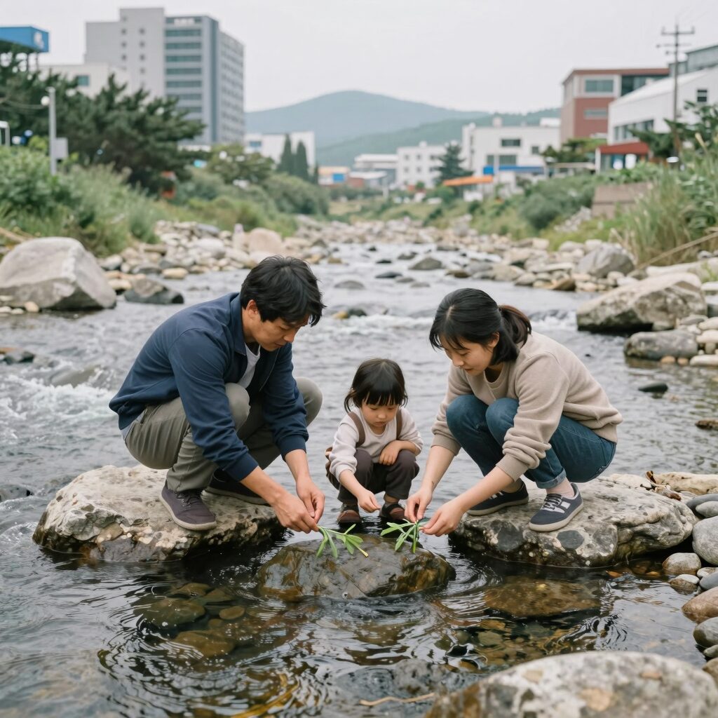 계곡에서 다슬기를 잡고 있는 가족의 모습. 맑은 물속에 돌 틈 사이로 다슬기가 보인다.