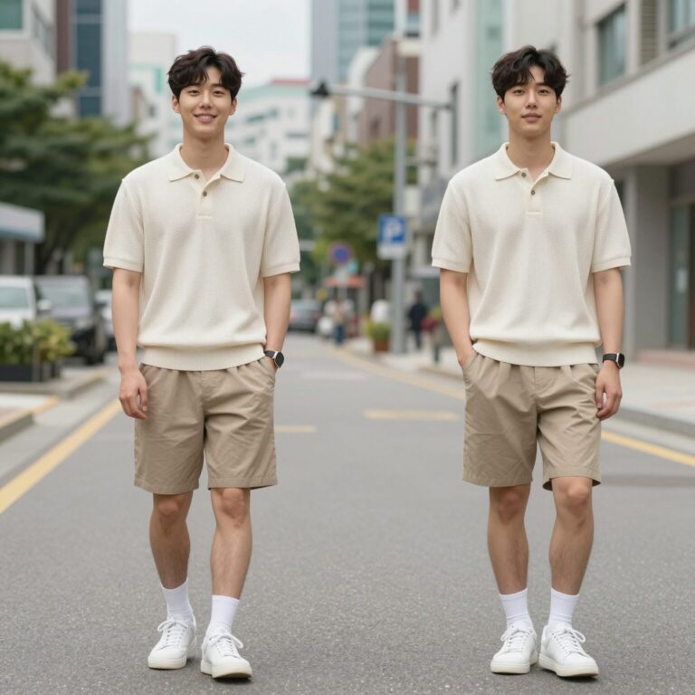 남자 여름 소개팅 코디 니트카라티와 크림진 조합 전체 착장 사진