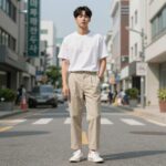 남자 여름 마바지 스타일링과 관리법 남자 여름 마바지 코디 예시 – 베이지 마바지와 흰색 티셔츠, 스니커즈