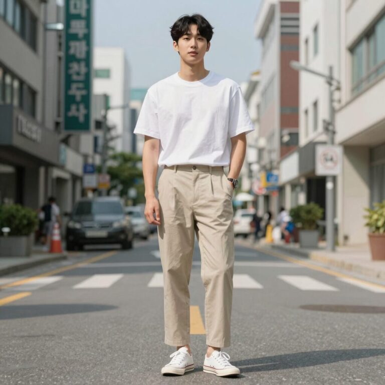 남자 여름 마바지 코디 예시 – 베이지 마바지와 흰색 티셔츠, 스니커즈
