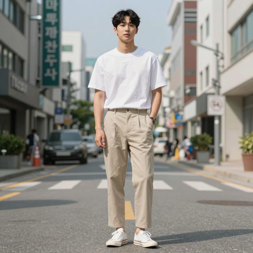남자 여름 마바지 코디 예시 – 베이지 마바지와 흰색 티셔츠, 스니커즈