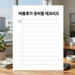 여름휴가 음식준비물 체크리스트 여름휴가 준비물 체크리스트를 정리한 표와 물건들이 놓인 테이블 사진
