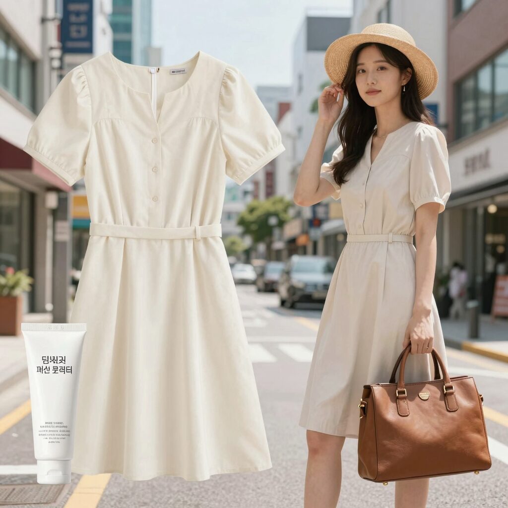 여름 휴가 패션 코디 예시로 원피스와 호보백, 선크림을 함께 배치한 이미지
