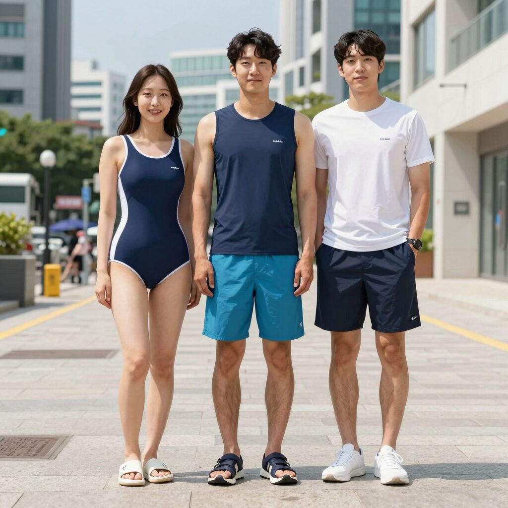 여름 물놀이 복장 래쉬가드와 보드숏 아쿠아슈즈 세트