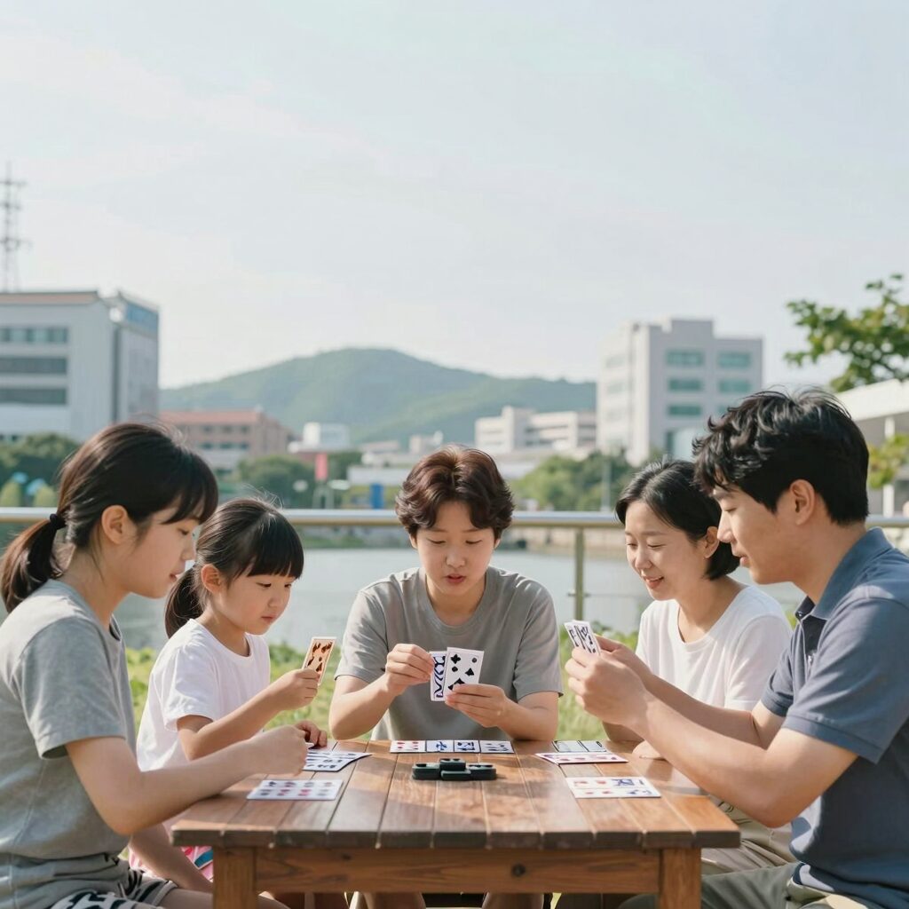 썸머워즈 애니메이션 속 대가족이 함께 모여 화투를 즐기는 장면