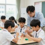 여름방학 이미지 선택 핵심 기준 여름방학 과학 체험 교실에서 아이들이 실험 도구를 들고 선생님과 함께 활동하는 모습, 안전하고 집중된 분위기