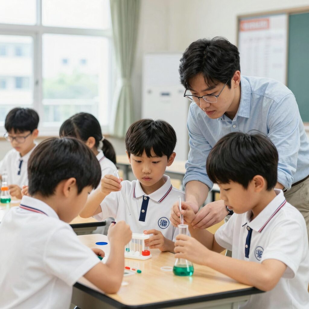여름방학 과학 체험 교실에서 아이들이 실험 도구를 들고 선생님과 함께 활동하는 모습, 안전하고 집중된 분위기