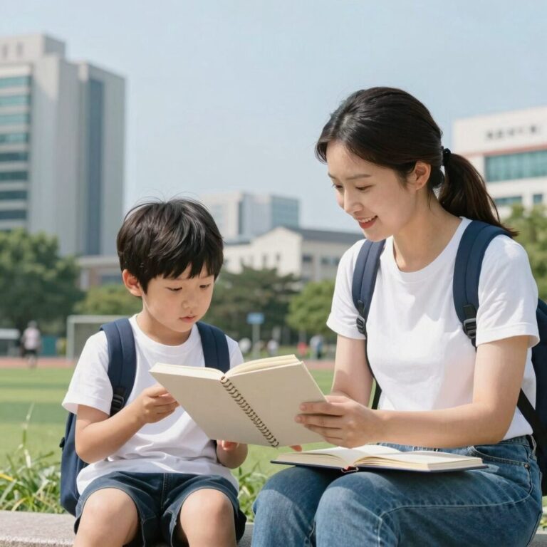 초등학생 여름방학 계획을 세우는 엄마와 아이 모습