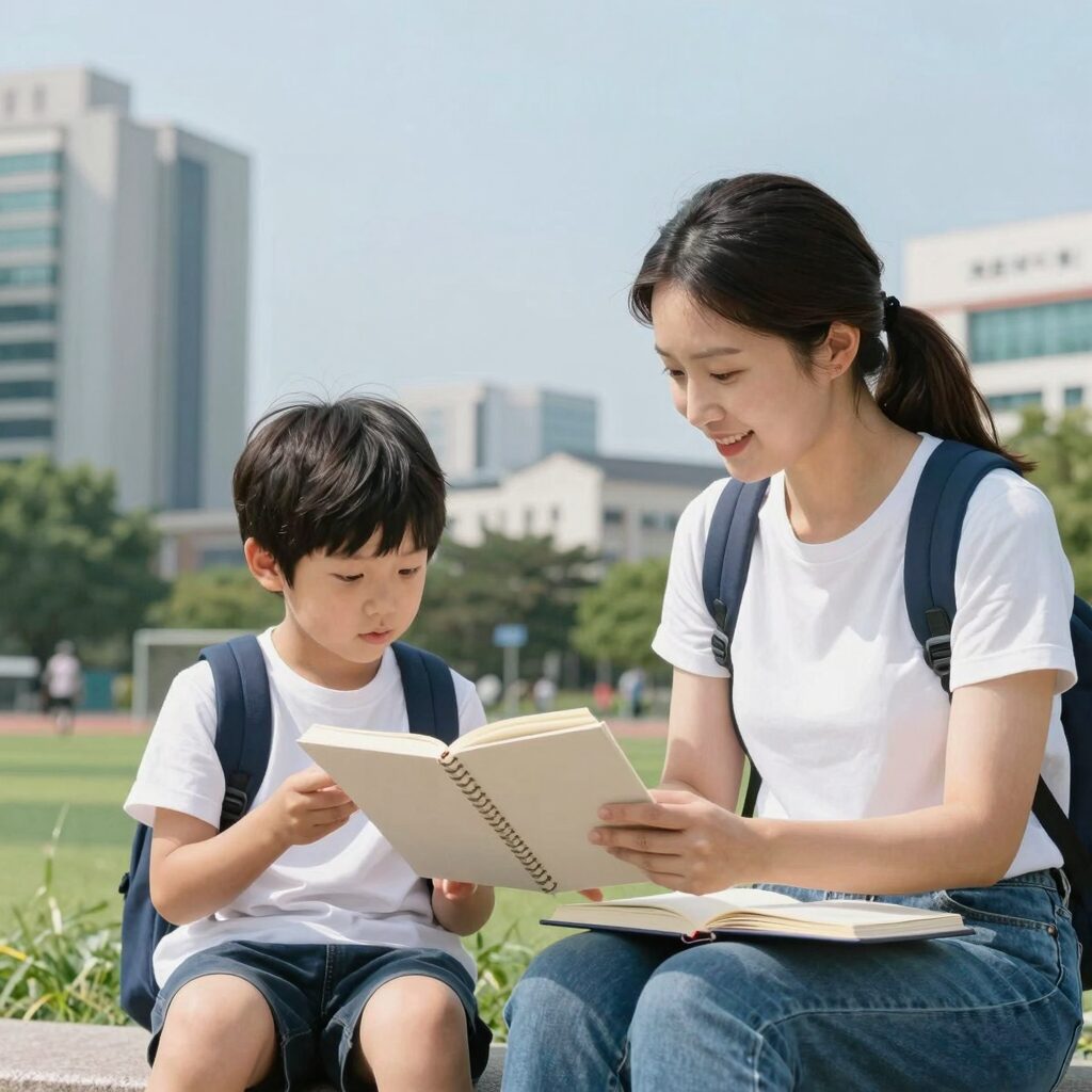 초등학생 여름방학 계획을 세우는 엄마와 아이 모습