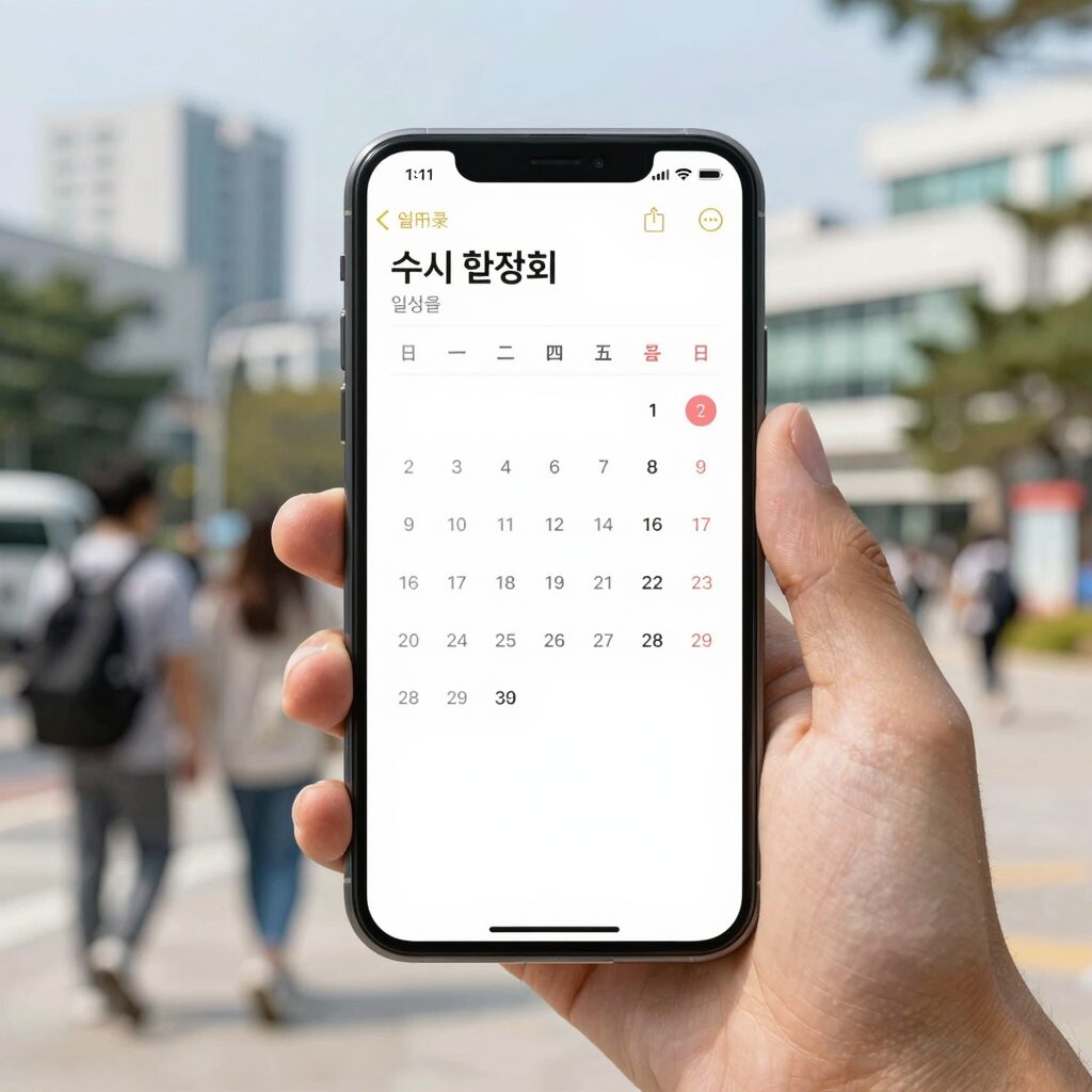 수시 설명회 일정을 정리한 종이와 핸드폰 화면