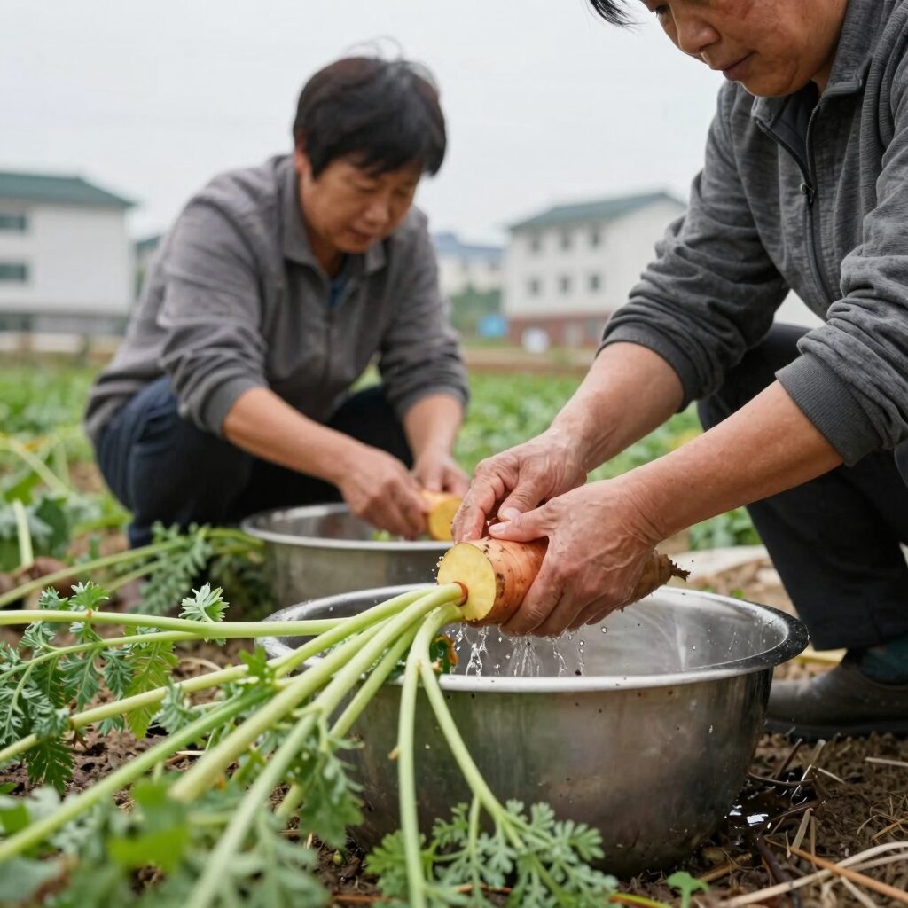 신선한 고구마순을 깨끗이 씻어 손질하는 과정, 녹색 줄기와 잎이 선명하다