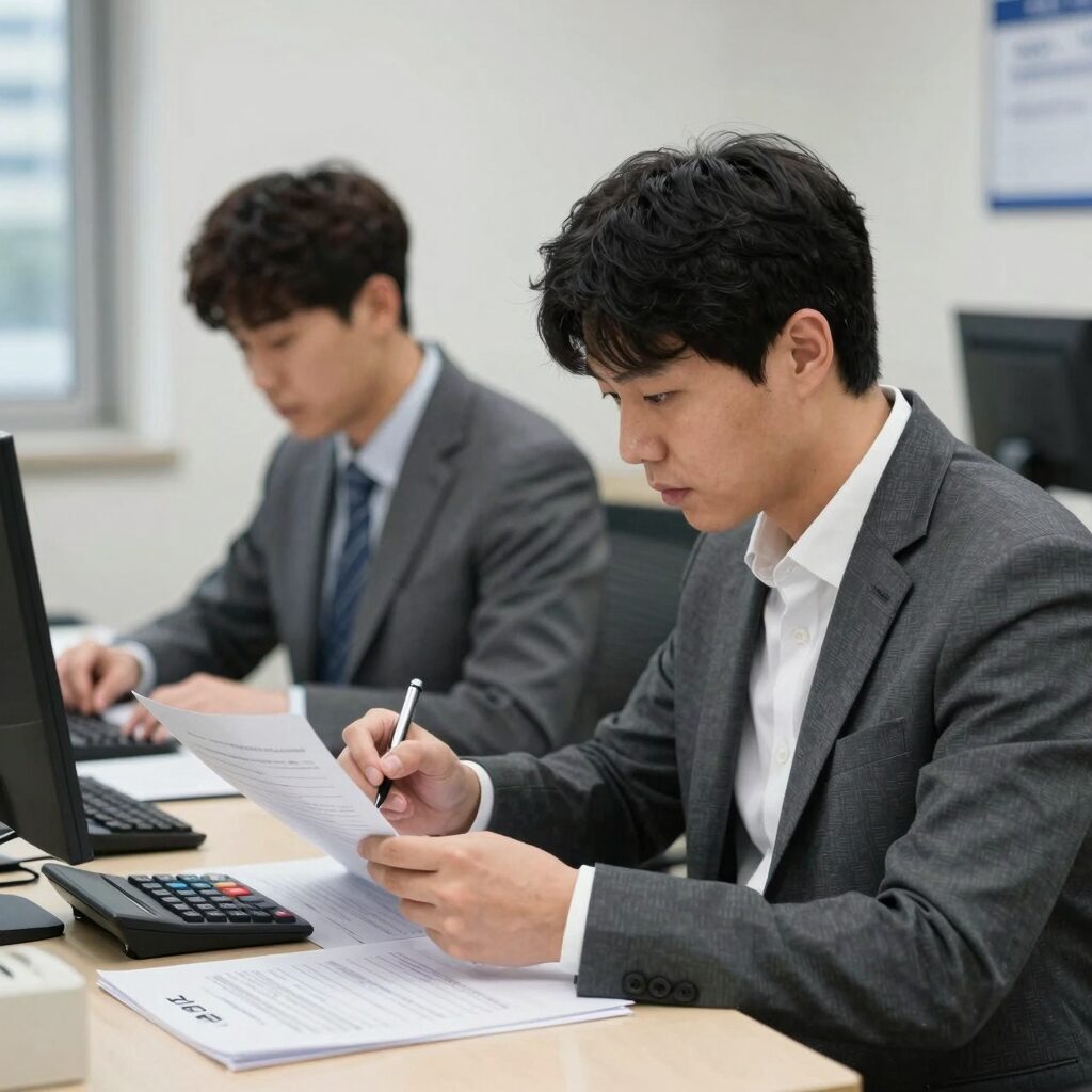 세무대리인이 전자신고 세액공제 계산을 위해 서류와 계산기를 보고 있는 모습