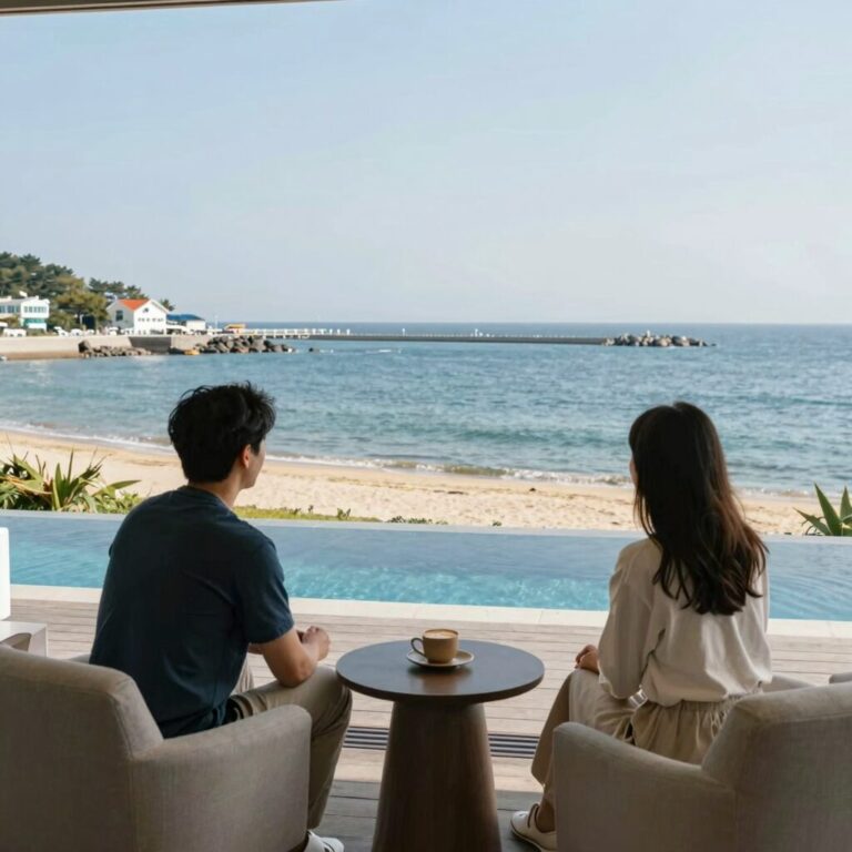 거제 흑진주마리나리조트 테라스 풀빌라 거실에서 바라본 오션뷰 바다와 방파제