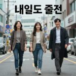 내일도 출근 드라마 포스터, 주연 배우 세 명이 환하게 웃으며 걷는 모습