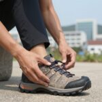 권동칠 대표가 직접 신발을 살펴보며 개발 과정을 설명하는 모습, 그의 손에는 트렉스타의 대표 등산화가 들려 있다