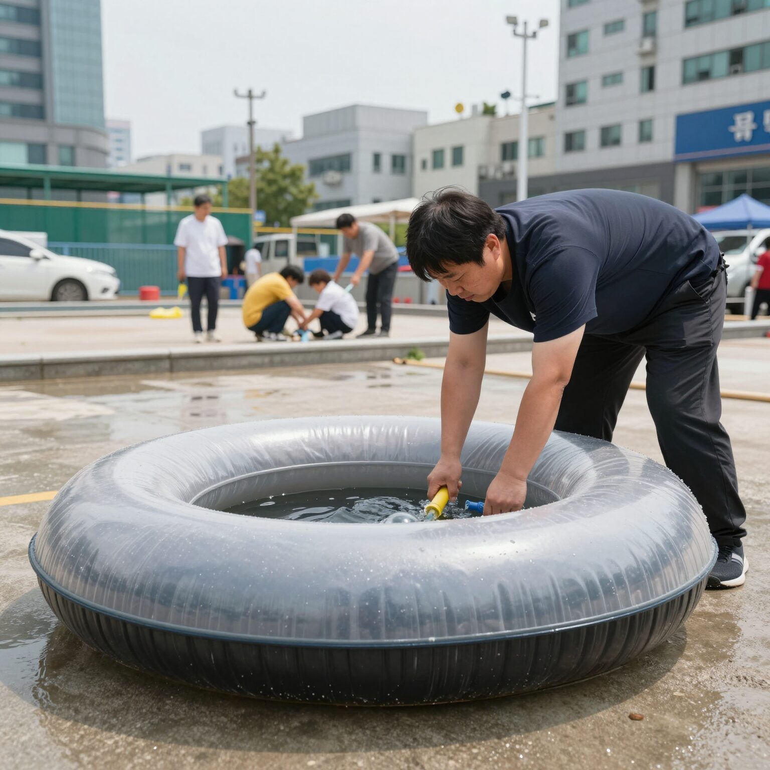 튜브 공기 주입기로 물놀이용 대형 튜브에 빠르게 바람을 넣는 장면