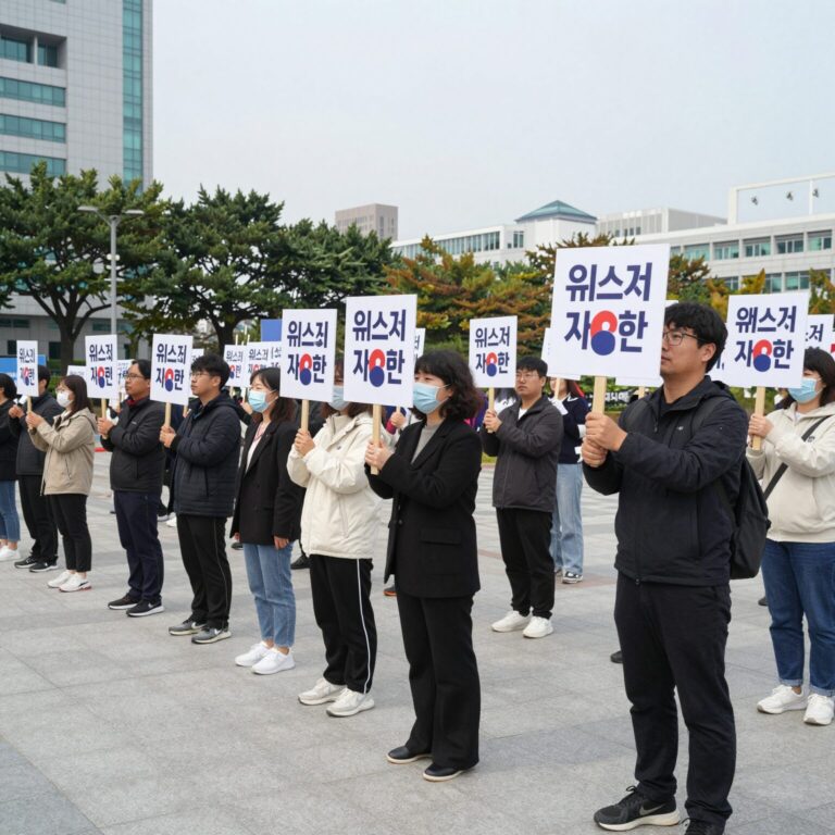 유네스코 기자회견 현장에서 시민들이 피켓을 들고 구호를 외치는 모습