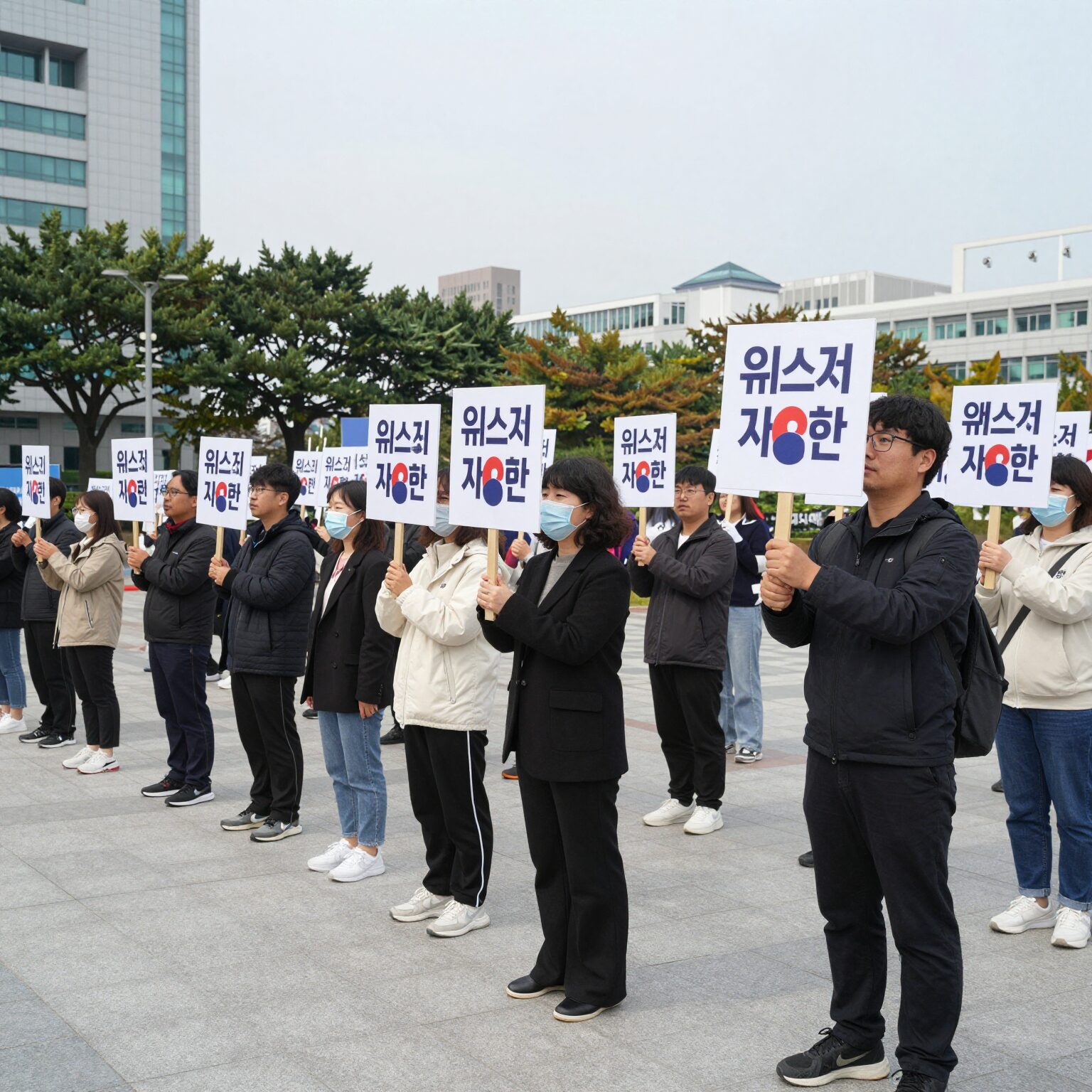 유네스코 기자회견 현장에서 시민들이 피켓을 들고 구호를 외치는 모습