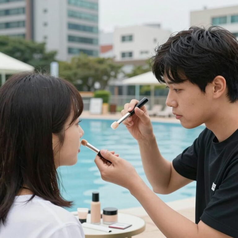 워터파크 메이크업 베이스 단계에서 파운데이션과 픽서를 섞어 바르는 모습