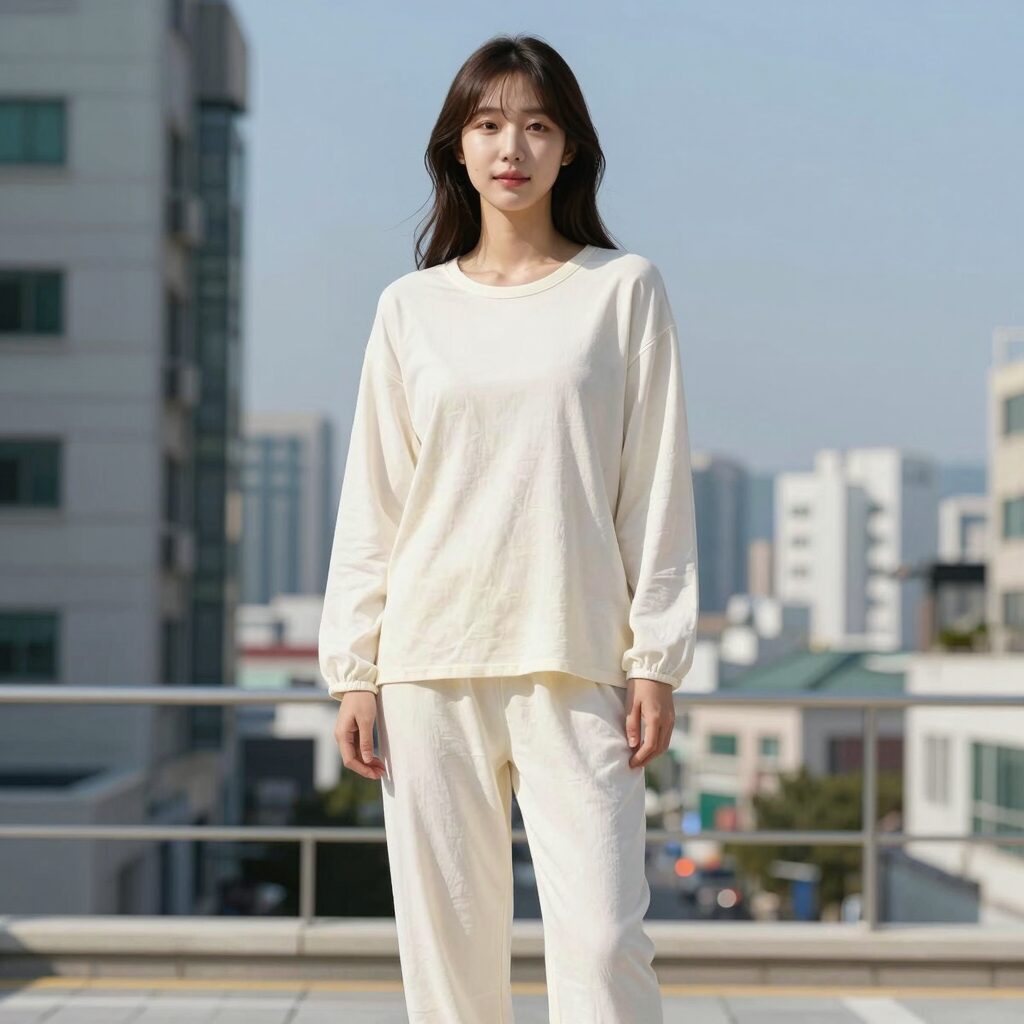 편안한 원피스 잠옷을 입고 있는 모습
