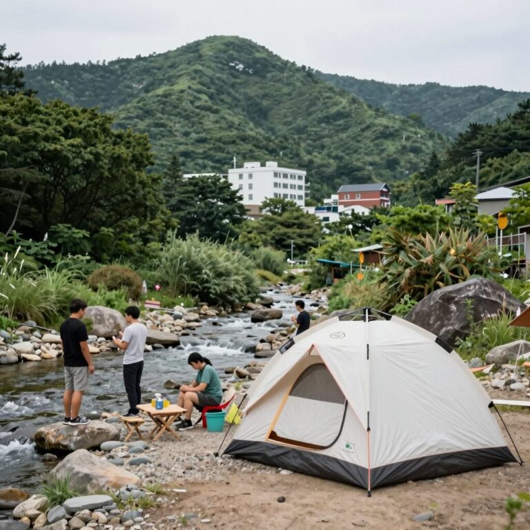 양양 계곡 캠핑장 맑은 계곡과 텐트 전경