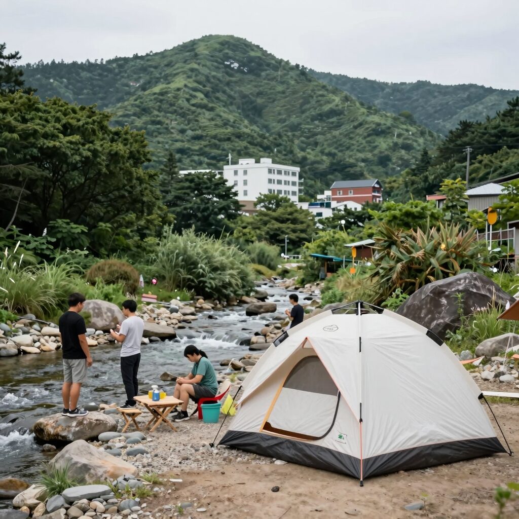 양양 계곡 캠핑장 맑은 계곡과 텐트 전경