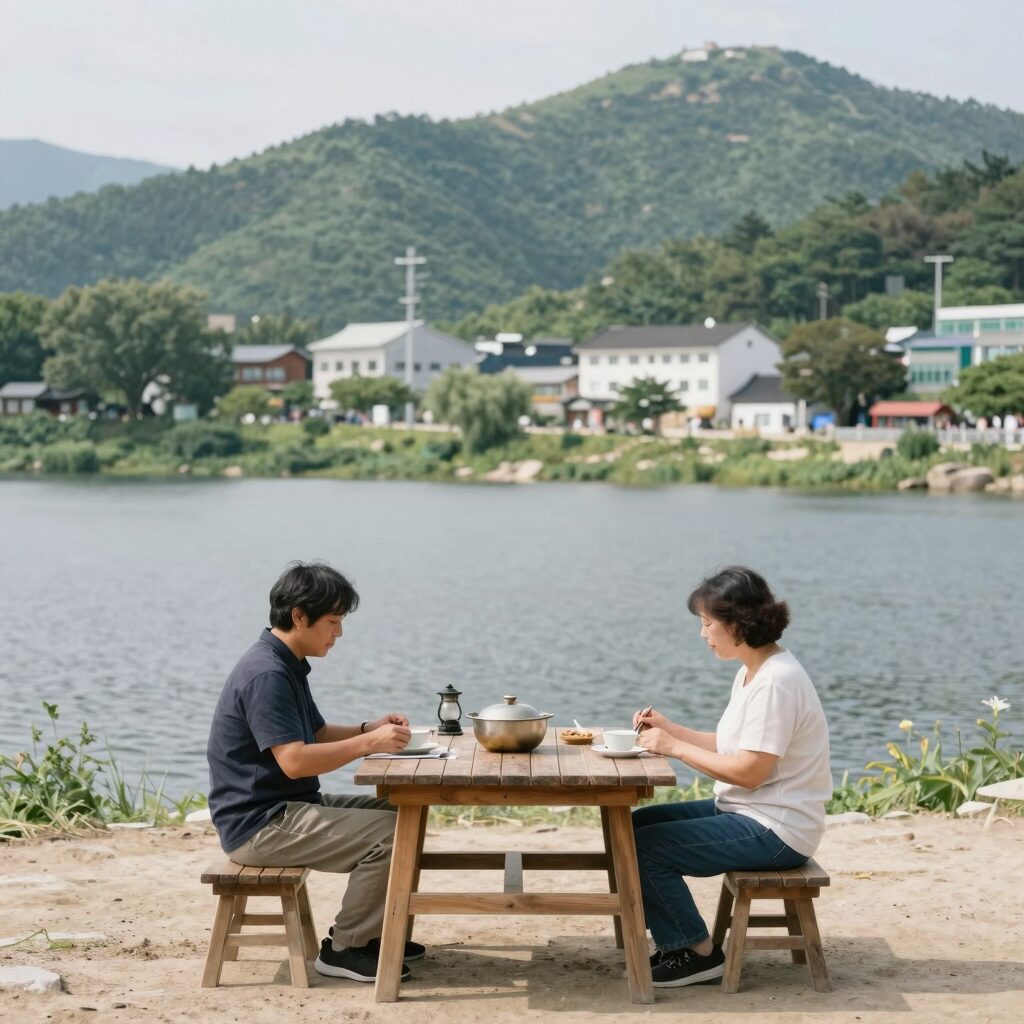 양평 예사랑 계곡뷰 야외 테이블과 물레방아