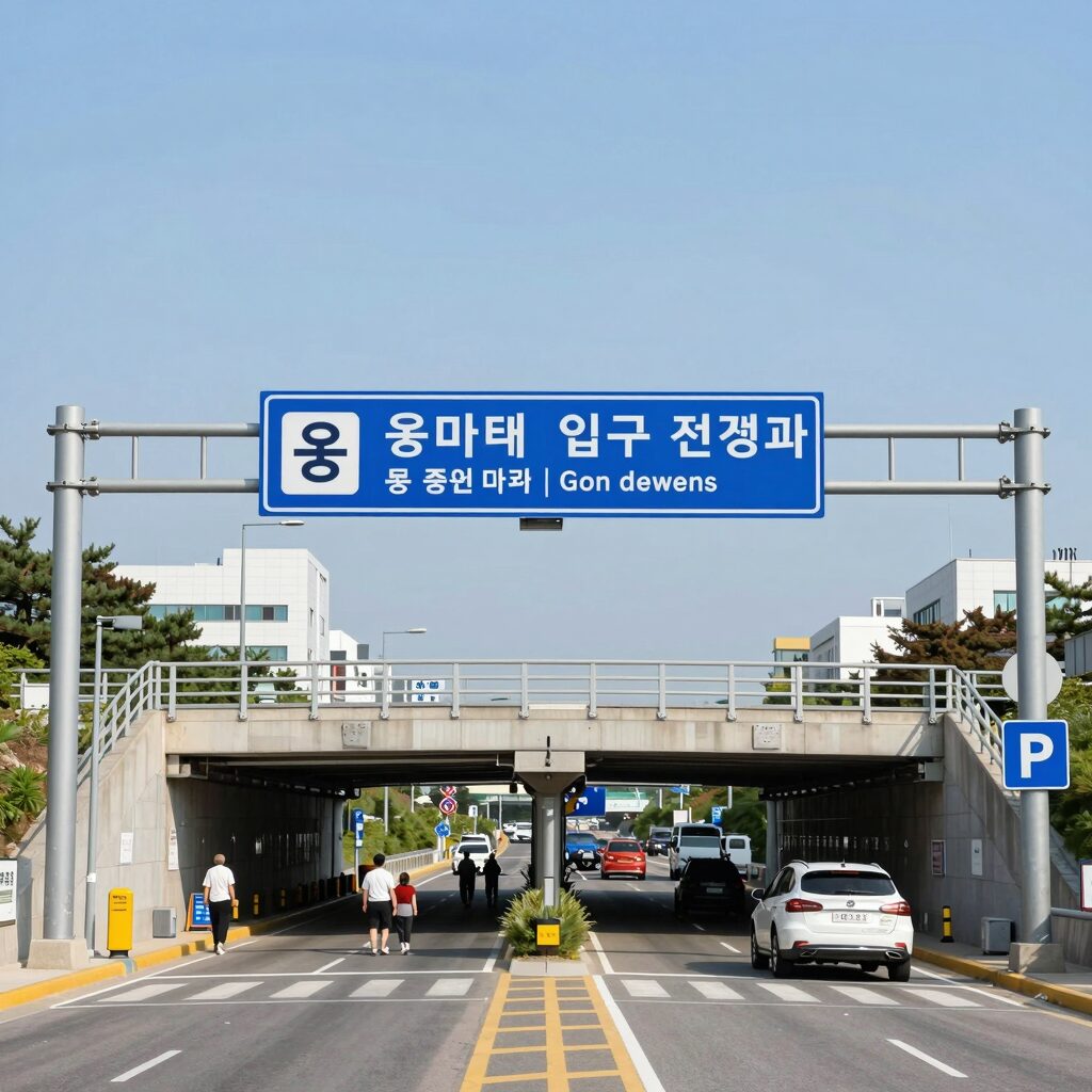용마터널 입구 전경과 통행료 안내 표지판