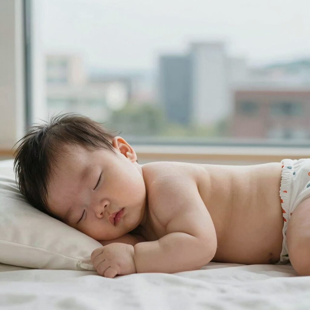 여름 아기 속싸개를 입힌 아기가 안정적으로 잠든 모습