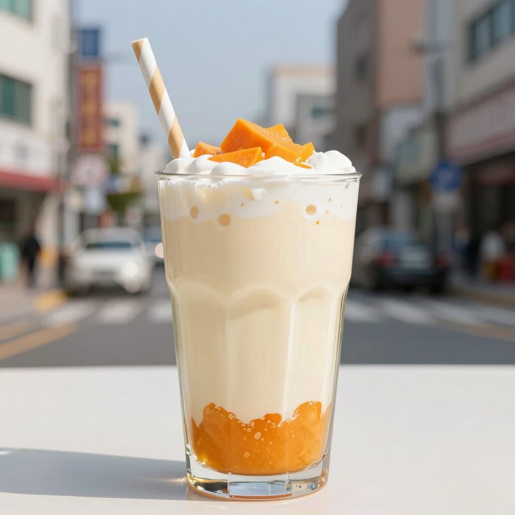 찐 단호박과 우유를 갈아 만든 단호박 우유쉐이크 한 잔