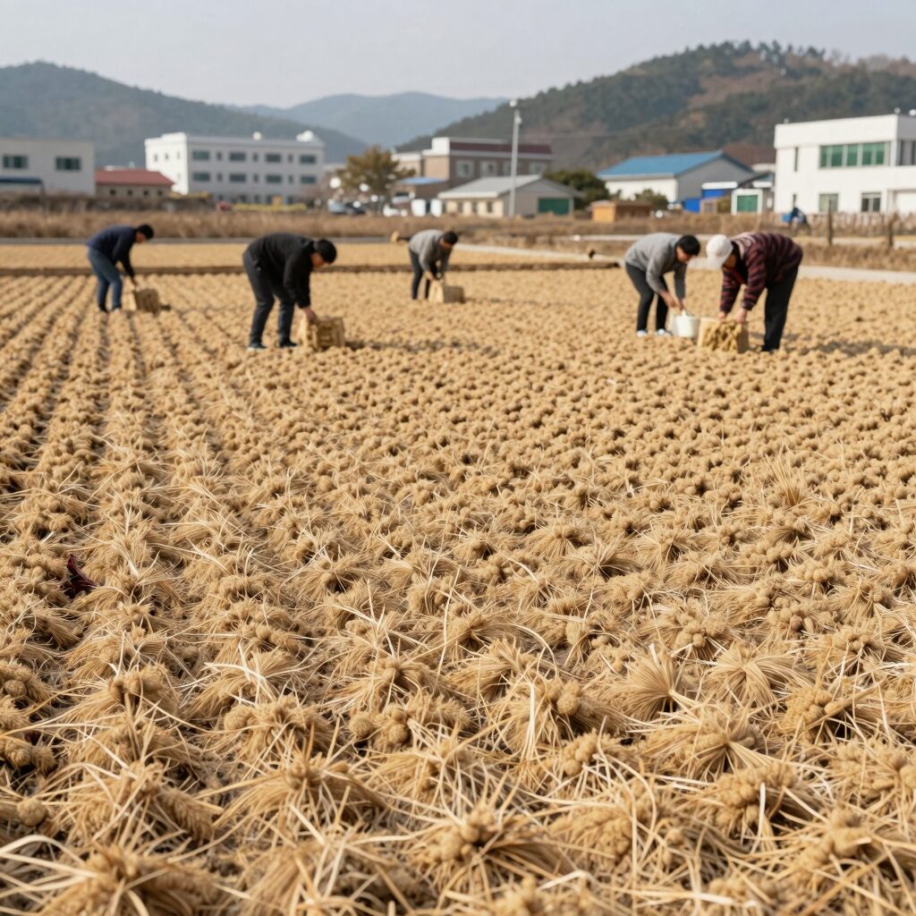 참깨 수확시기에 아래쪽 꼬투리가 벌어진 참깨 밭