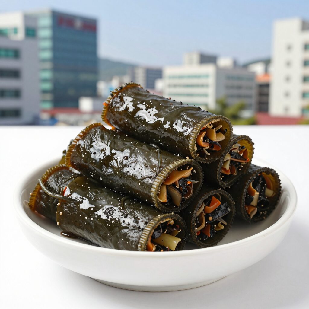 신김치와 오이를 올린 도토리묵 묵사발 한 그릇